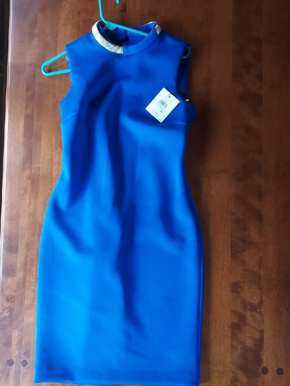 Calvin Klein Cobalt Blue Sleeveless Sheath Dress with Embellished Collar